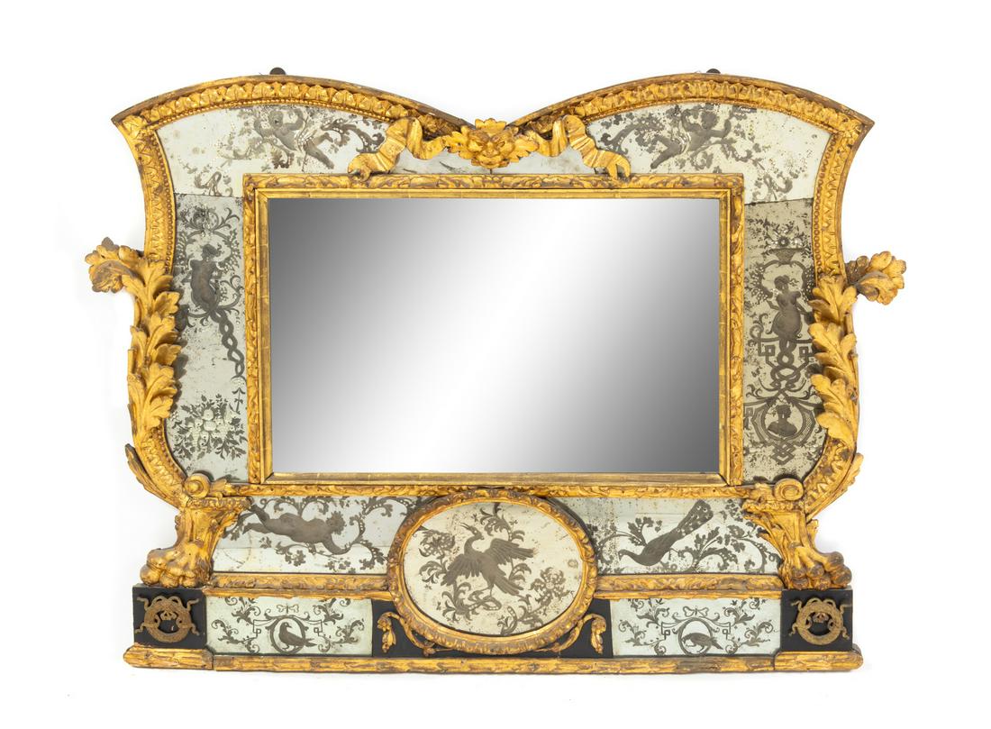 An Italian Etched Glass and Giltwood Mirror: An Italian Etched Glass and Giltwood Mirror 19th Century Height 32 x width 43 inches. Property from the Collection of Dr. Gregory Boshart and Dr. William Lawrence, Chicago, Illinois