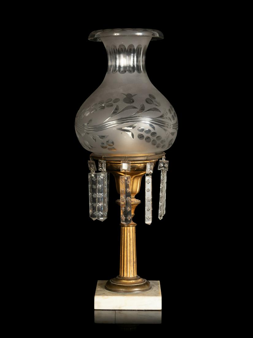 A Classical Brass and Etched Glass Oil Lamp: A Classical Brass and Etched Glass Oil Lamp 19th Century wired for electricity. Height 20 inches. Property from the Collection of Michael and Janice Doniger, Chicago, Illinois Provenance: Glenbrook An