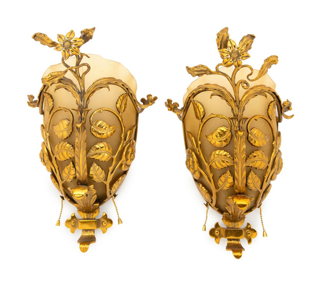 A Set of Six Brass and Glass Sconces from Chicago: A Set of Six Brass and Glass Sconces from Chicago's Howard Theater Circa 1917 Height 16 inches. Property from the Collection of Howard Kornacki and Sebastian Reyes, Evanston, Illinois