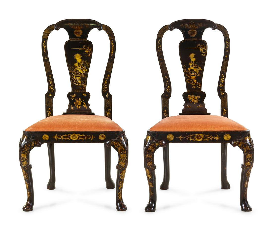 A Pair of Queen Anne Style Chinoiserie-Decorated Side: A Pair of Queen Anne Style Chinoiserie-Decorated Side Chairs 19th Century Height 40 inches. Provenance: Property from the Collection of Marion and Henry Bloch, Kansas City, Missouri