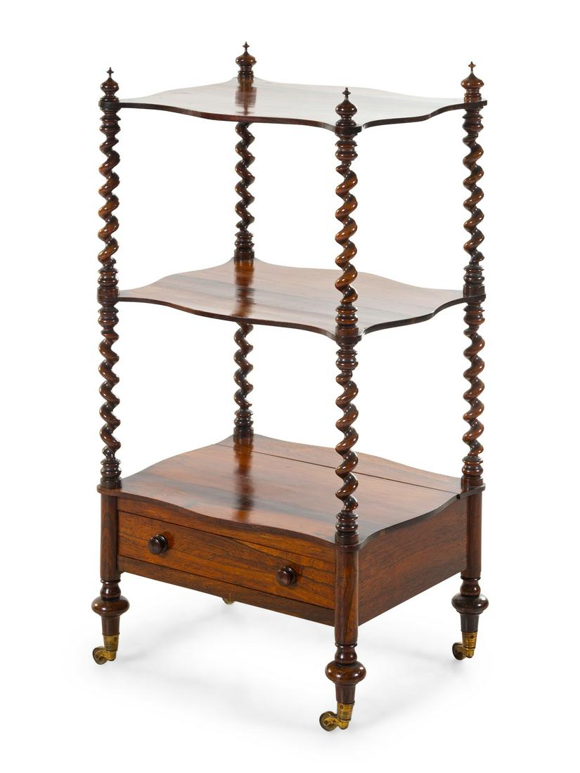 A Victorian Rosewood Etagere: A Victorian Rosewood Etagere Late 19th Century Height 38 x width 22 x depth 16 1/2 inches. Provenance: Property from the Collection of Marion and Henry Bloch, Kansas City, Missouri