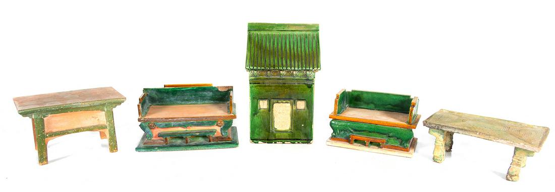 A Group of Ming Style Glazed Pottery Models of: A Group of Ming Style Glazed Pottery Models of Furniture and Architecture comprising two altar tables, two daybeds and a model of a building facade. Height of tallest 16 1/4 x width 10 inches. Provena