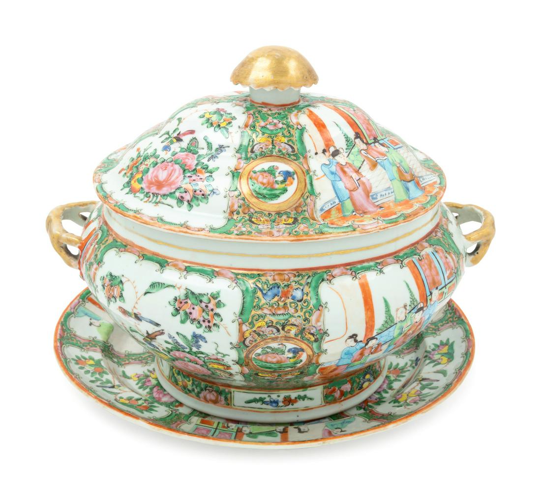 A Rose Medallion Porcelain Tureen and Underplate: A Rose Medallion Porcelain Tureen and Underplate 19th Century Width of underplate 15 inches Provenance: Property from the Collection of Marion and Henry Bloch, Kansas City, Missouri