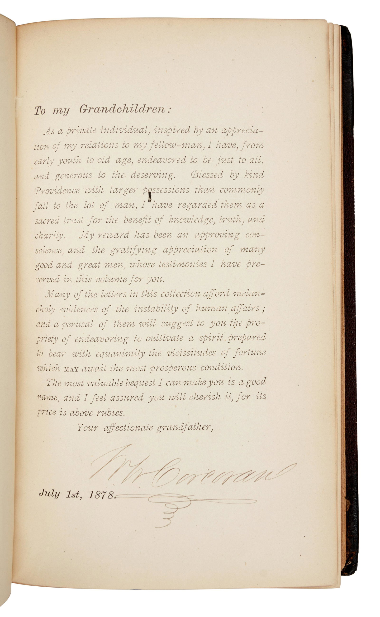 [CORCORAN, William Wilson (1798-1888)]. A Grandfather's: [CORCORAN, William Wilson (1798-1888)]. A Grandfather's Legacy; containing a Sketch of his Life. Washington, D. C.: Henry Polkinhorn, 1879. 8vo. Contemporary half roan; half morocco slipcas