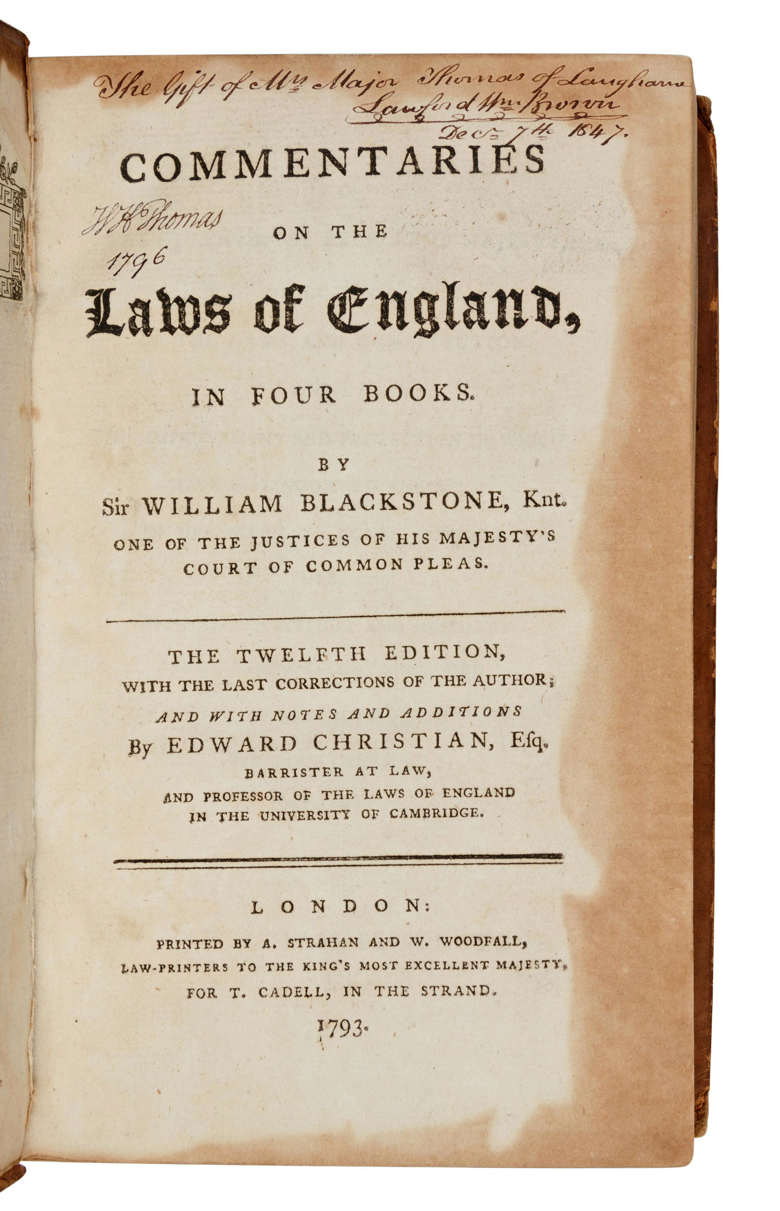 [LAW]. BLACKSTONE, William, Sir, (1723-1780). (1 of 1)