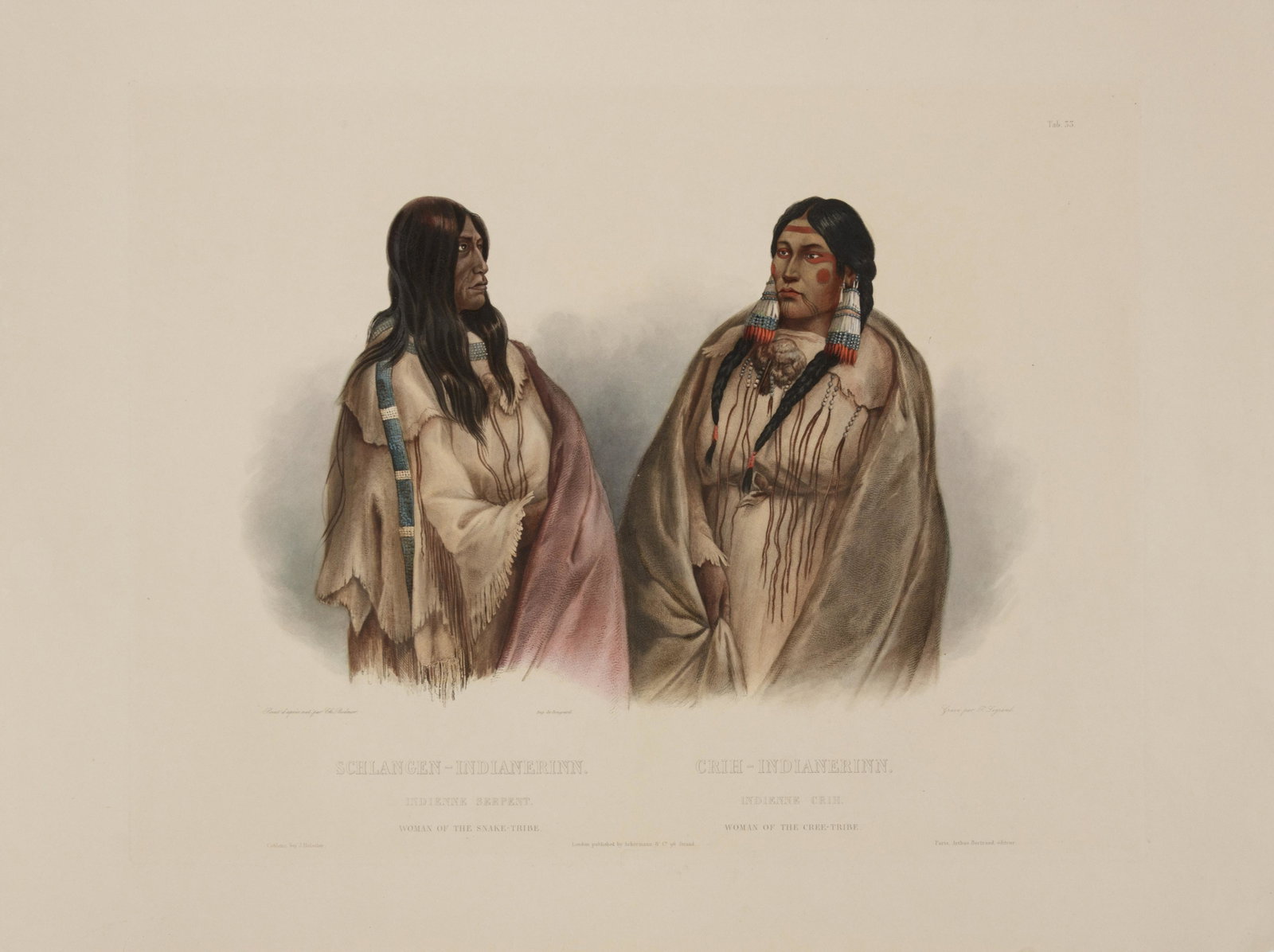 BODMER, Karl (1809-1893). Woman of the Snake-Tribe |: BODMER, Karl (1809-1893) Woman of the Snake-Tribe | Woman of the Cree-Tribe (Plate 33). From Travels in the Interior of North America, Coblenz, Paris, and London, 1839-1842. Aquatint engraving with ha