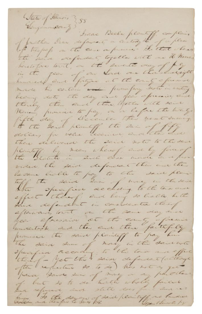 LINCOLN, Abraham (1809-1865).  Autograph document (1 of 1)