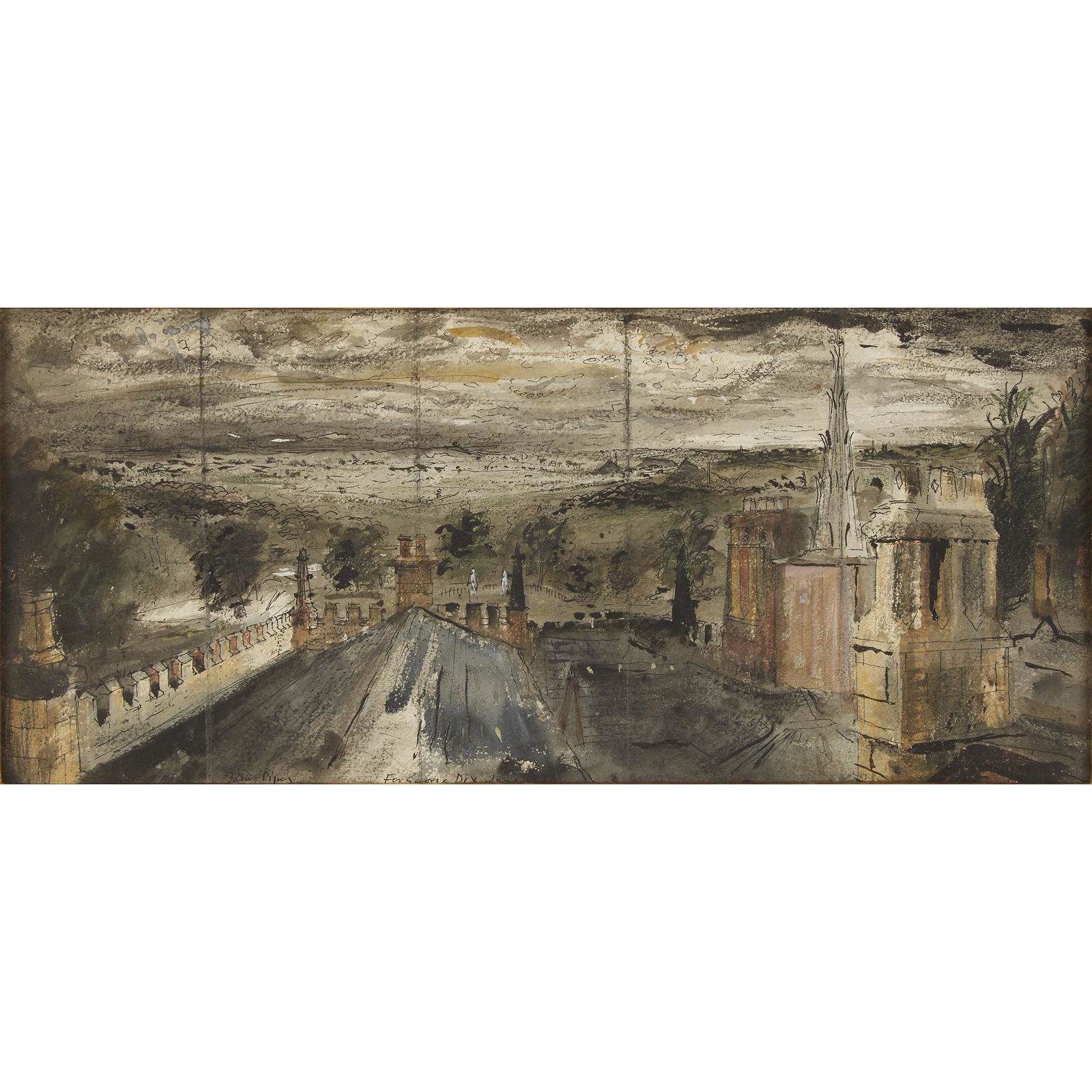 John Piper (British, 1903-1992), , Rooftops and Spires: John Piper (British, 1903-1992) Rooftops and Spires Signed bottom center left and dedicated and dated 'For George Dix June 1956' bottom center, watercolor, gouache and ink on paper. 10 1/8 x 22 in. (2