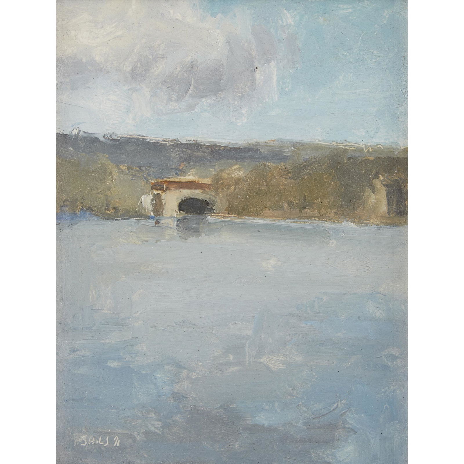 Stuart Shils (American, b. 1954), , Schuylkill River: Stuart Shils (American, b. 1954) Schuylkill River with Bridge Signed and dated 91 bottom left, signed again twice, titled, located 'Philadelphia' and dated verso, oil on paper mounted to rag board. 10