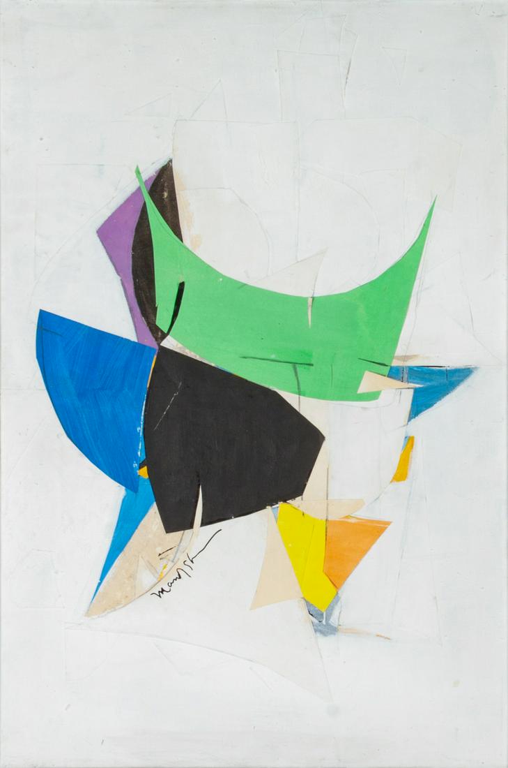 Beatrice Mandelman (American, 1912-1998) Birds Green: Beatrice Mandelman (American, 1912-1998) Birds (Green and Black #1402), 1960 collage with gouache and pencil on canvas, signed Mandelman (lower left 23 1/2 x 16 inches Provenance: