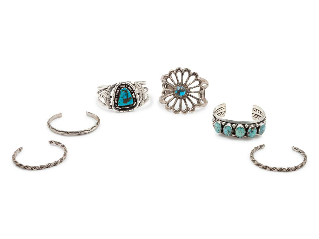 Group of Six Silver and Turquoise Cuff Bracelets (1 of 1)