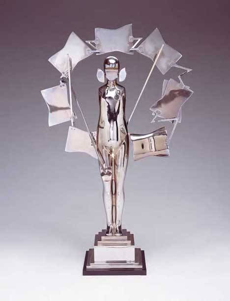 ERNEST TROVA (american b. 1927) CIRCLE FIGURE Ins: ERNEST TROVA (american b. 1927) CIRCLE FIGURE Inscribed E. Trova 5-8-1985' on base, stainless steel 32 1/2 in. (82.5cm) (height); 33 1/4 in. (84.4cm) (overall with base) provenance: Mangel Galery, Phi