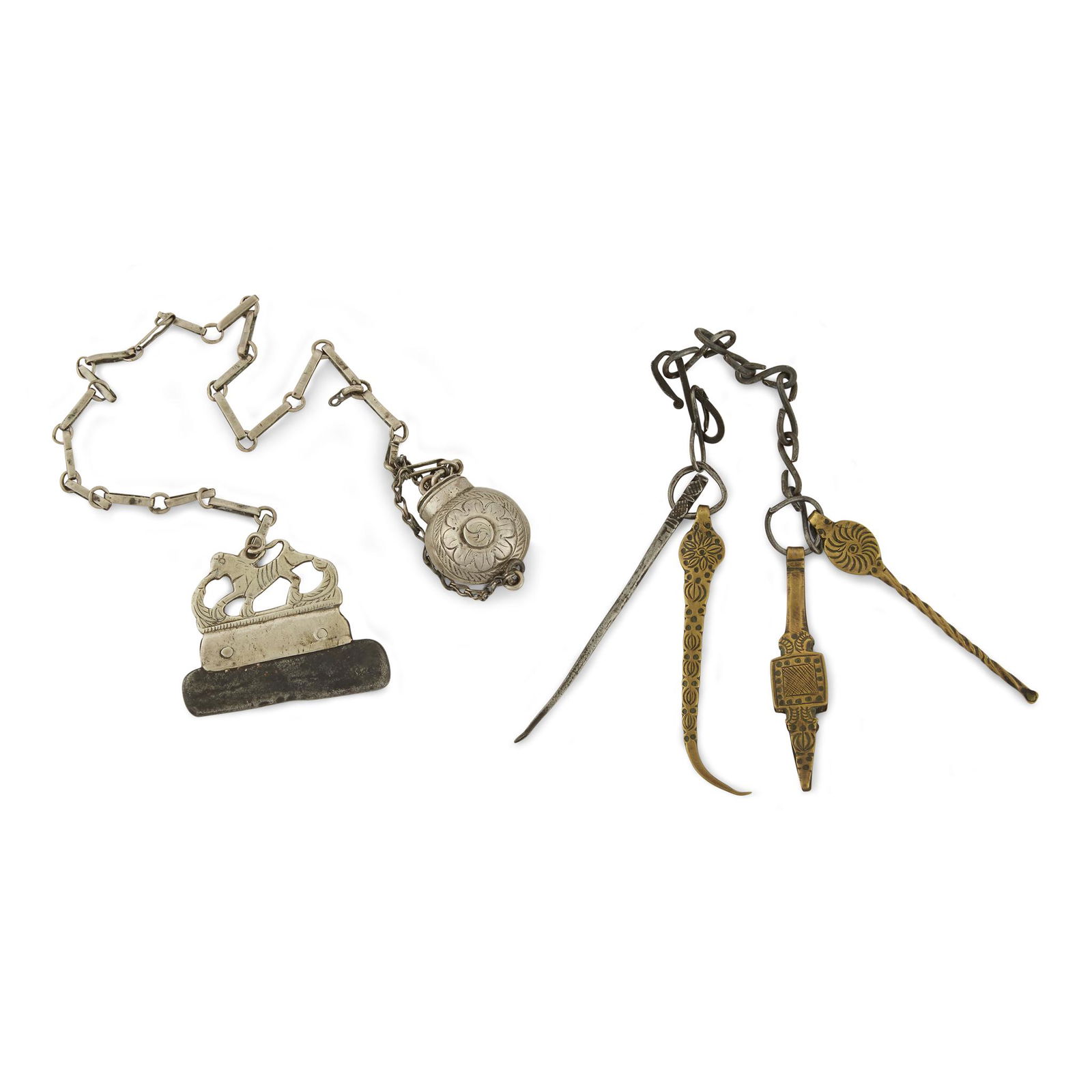 Two silver, brass, and iron chatelaines, Possibly: Two silver, brass, and iron chatelaines Possibly Spanish Colonial, 18th/19th century The first, of silver, with vinaigrette to one end and a metal razor to the other end, with cast animal to handle; t