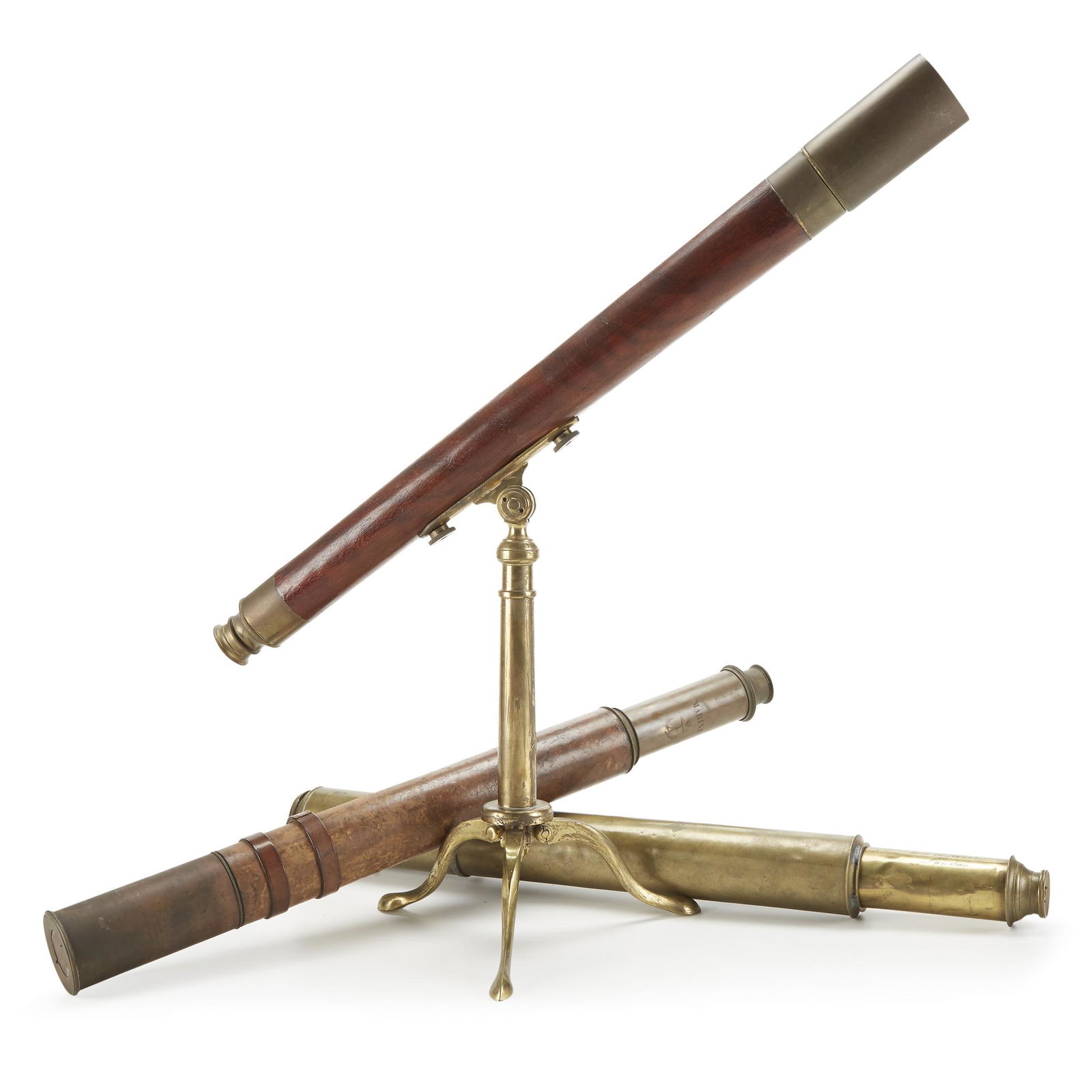 Three brass, mahogany, and leather telescopes, 19th (1 of 1)