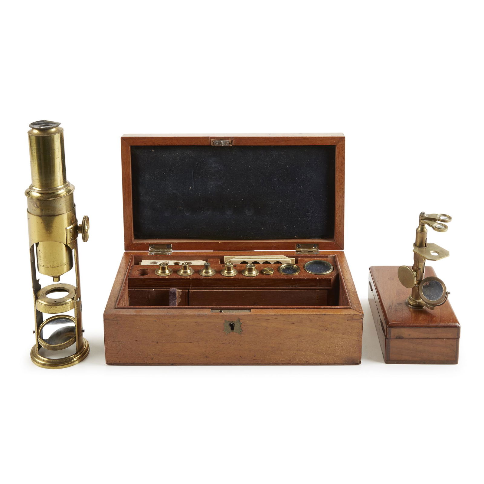 Two small brass compound monocular microscopes and (1 of 2)