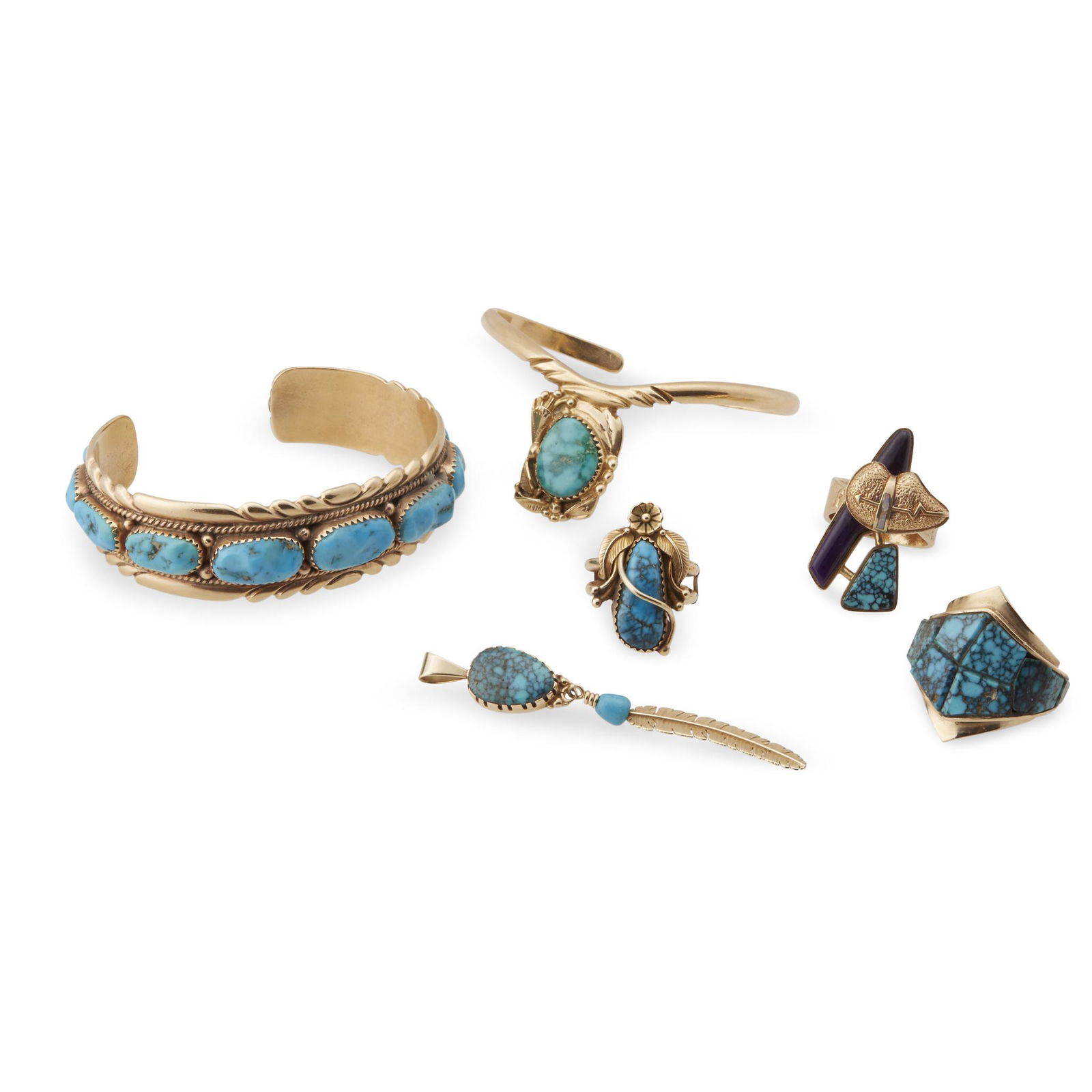 Group of six Southwest gold and gold tone and turquoise (1 of 1)