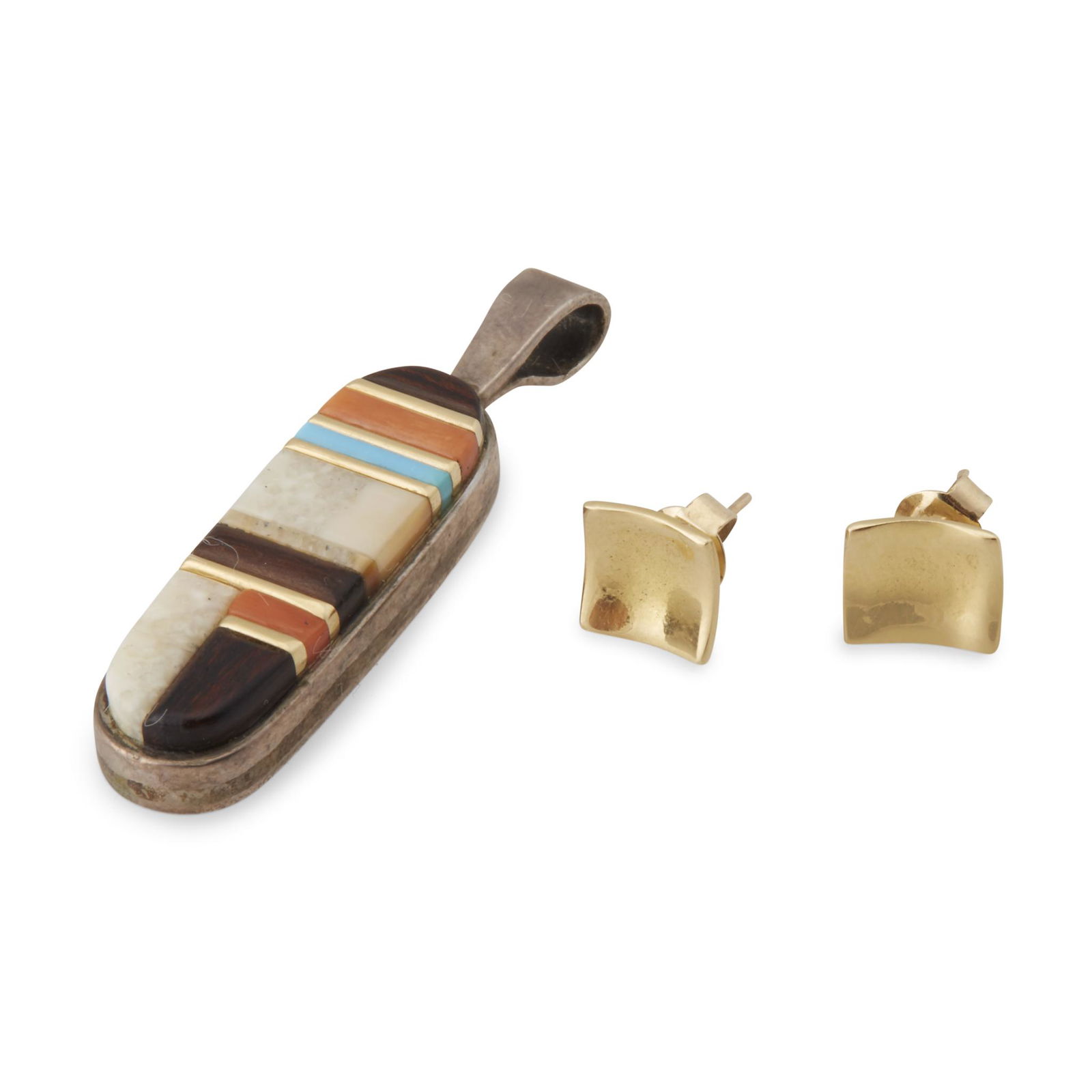 Hopi inlaid silver and gold pendant and pair of gold (1 of 1)