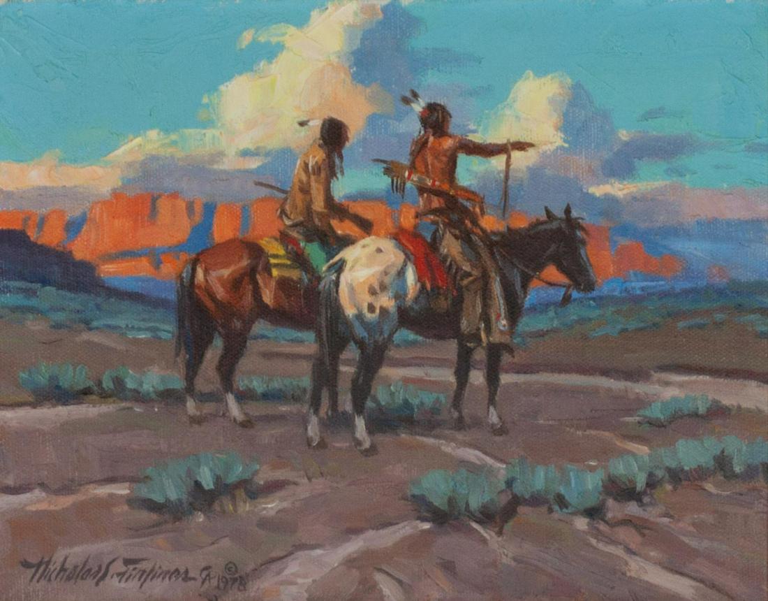 Nicholas Firfires (American, 1917-1990) Blackfoot: Nicholas Firfires (American, 1917-1990) Blackfoot Scouts, 1978, oil on canvas, signed Nicholas Firfires CA and dated (lower left) 8 x 10 inches Provenance:
