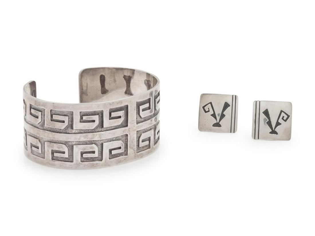 Southwestern Silver Overlay Bracelet and Earrings ear (1 of 1)