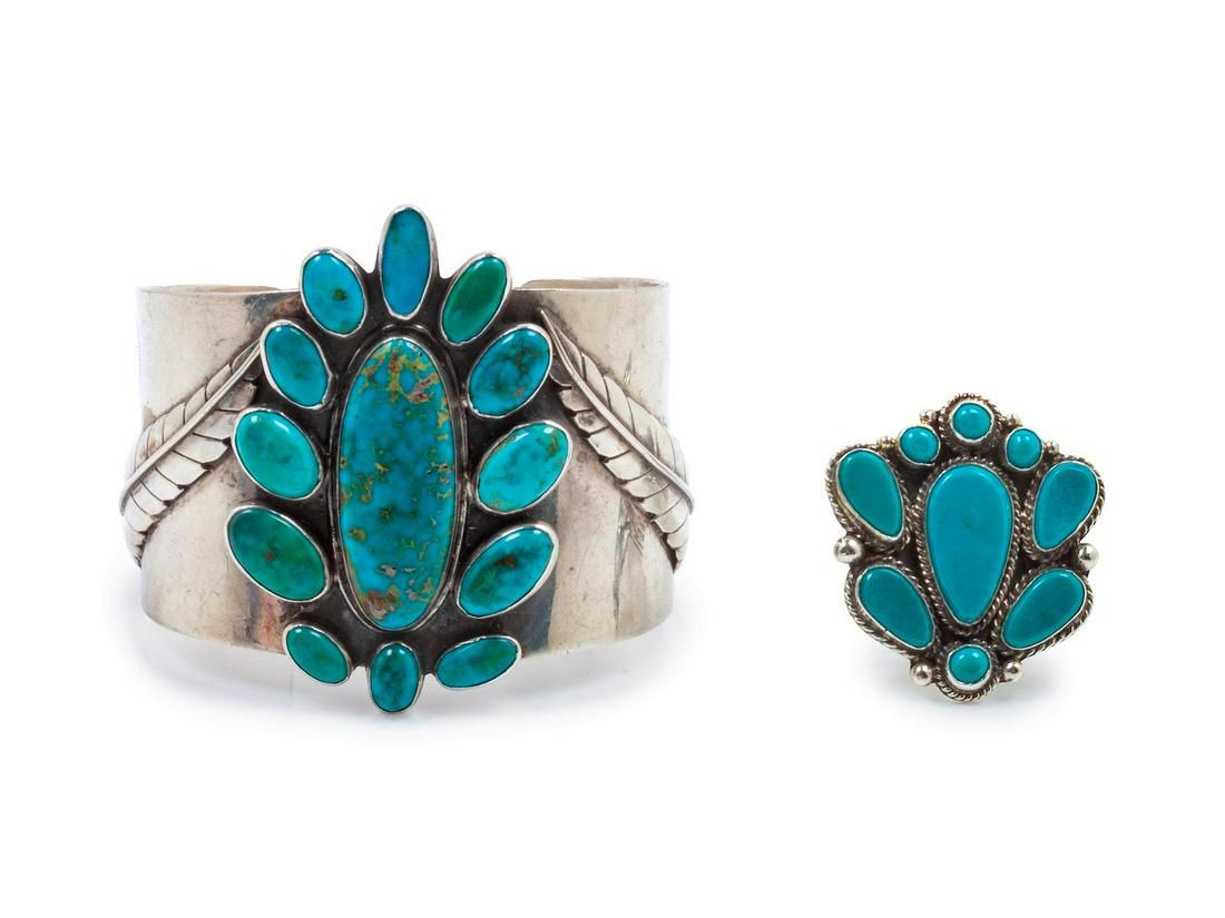 Large Silver and Turquoise Cuff with applied leaves, (1 of 2)