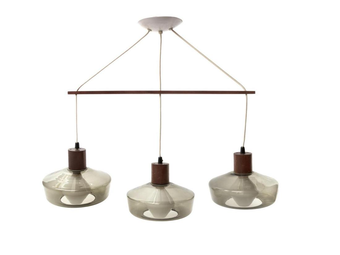 Lyfa | Orrefors Three Light Pendant with Light Bulbs: Lyfa | Orrefors Denmark, Sweden, Mid 20th Century Three Light Pendant with Light Bulbs by Tapio WirkkalaAiram, Finland glass, aluminum, teak partial manufacturer's label to interior of ceiling mount,
