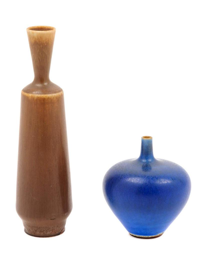 Berndt Friberg Two Miniature VasesGustavsberg, Sweden: Berndt Friberg (Swedish, 1899-1981) Two Miniature VasesGustavsberg, Sweden glazed stoneware each signed Gustavsberg to underside Tallest | H 4 inches Property from the Collection of Estelle Edlis, Chi