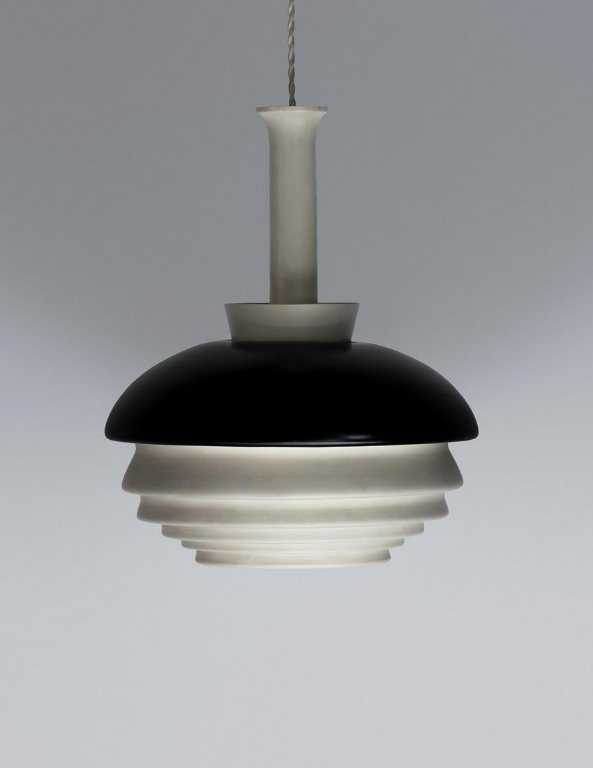 Alvar Aalto A335 PendantValaistustyo Ky, Finland: Alvar Aalto (Finnish, 1898-1976) A335 Pendant Valaistustyo Ky, Finland enameled aluminum marked Valaistustyo 335 to interior of shade H 17 x Diameter 15 inches