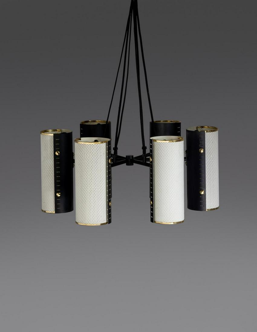 Swedish Six Arm Chandelier / Pendant: Swedish Mid 20th Century Six Arm Chandelier / Pendant enameled metals, brass H 8 1/4 x Diameter 20 inches