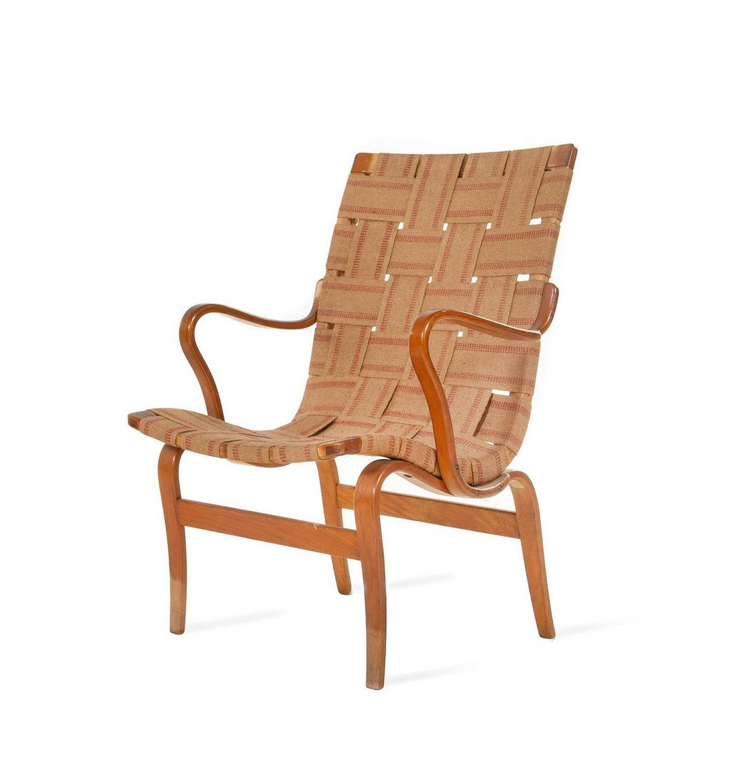 Bruno Mathsson Lounge Chair Karl Mathsson, Sweden: Bruno Mathsson (Swedish, 1907-1988) Lounge Chair Karl Mathsson, Sweden laminated beech wood, canvas manufacturer's paper label to underside H 34 x W 23 1/2 x D 24 1/2 inches Property from a Private C