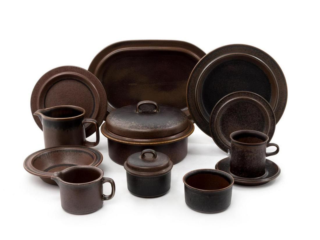 Ulla Procope Ruska Dinnerware Set: Ulla Procope (Finnish, 1921-1968) Ruska Dinnerware Set Comprising 14 Dinner Plates 11 Salad Plates 12 Desert Plates 10 Soup Bowls 10 Saucers 8 Coffee Mugs 1 Milk Pitcher 1 Lidded Tureen 1 Creamer 1 Li