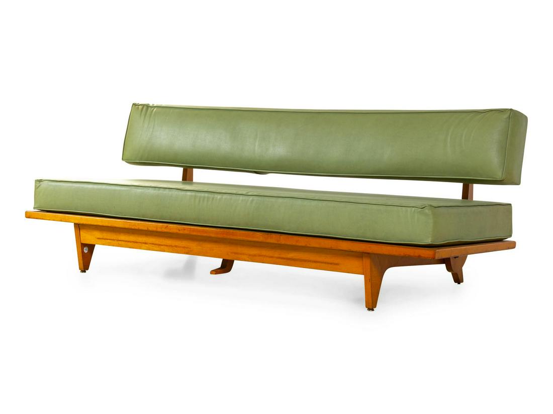 Richard Stein Sofa / Day BedKnoll, USA: Richard Stein (American, 20th Century) Sofa / Day BedKnoll, USA laminated maple, upholstery manufacturer's label to underside H 27 x W 74 x D 34 inches Property from a Private Collection, Chicago, Ill