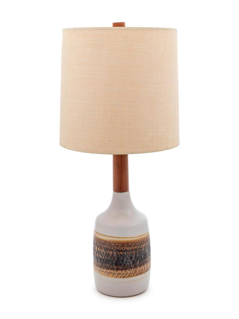 Gordon and Jane Martz Table Lamp Marshall Studios, USA: Gordon and Jane Martz (American, 1924-2015 | American, 1929-2007) Table Lamp Marshall Studios, USA glazed stoneware, walnut, linen signed Martz to lower edge H 26 1/2 x Diameter 11 inches Property fro