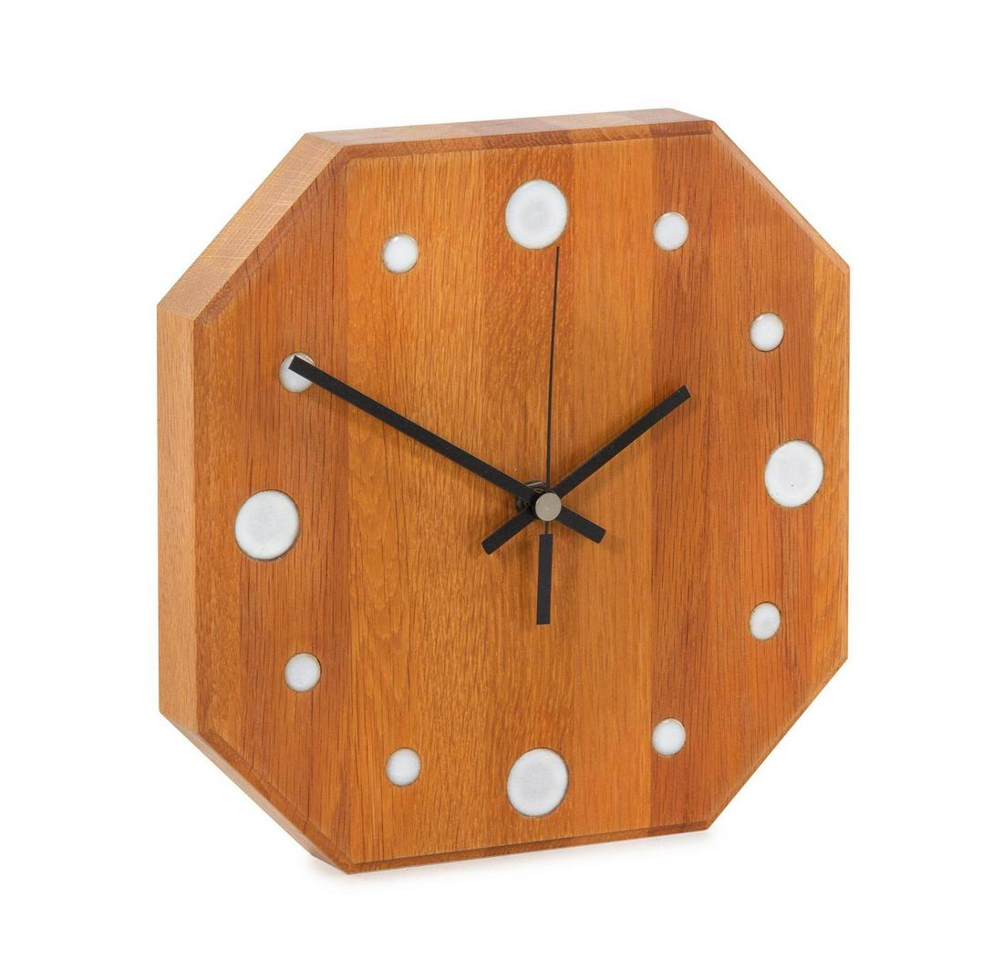 Gordon and Jane Martz Wall ClockMarshall Studios, USA: Gordon and Jane Martz (American, 1924-2015 | American, 1929-2007) Wall ClockMarshall Studios, USA oak, glazed stoneware, enameled steel Diameter 10 inches Property from the Estate of Gerda W. Hoover,