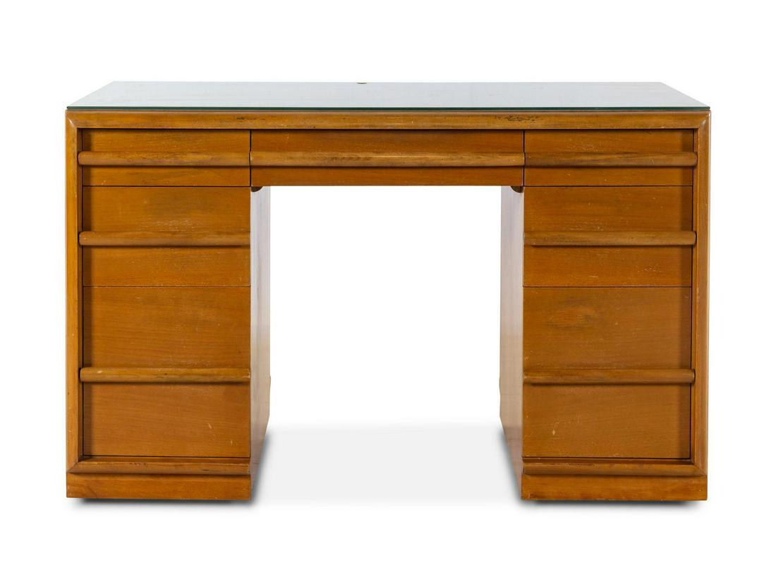 T. H. Robsjohn Gibbings Desk and Chair Widdicomb, USA: T. H. Robsjohn Gibbings (British, 1905-1976) Desk and Chair Widdicomb, USA bleached walnut, glass, upholstery Desk | H 40 x W 48 x D 25 inches Property from the Collection of Estelle Edlis, Chicago, I