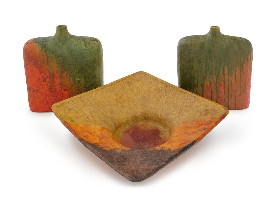 Marcello Fontini Two Vases with Squared Center: Marcello Fontini (Italian, 1915-2011) Two Vases with Squared Center BowlBitossi / Raymor glazed ceramic signed to underside Tray | H 3 1/2 x W 12 1/4 x D 12 1/4 inches