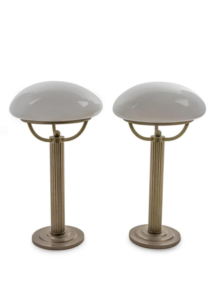 Adolf Loos (Austrian, 1970-1933) Pair of Table Tamps: Adolf Loos (Austrian, 1970-1933) Pair of Table Tamps Waka, Austria nickel-plated brass, opaline glass manufacturer's paper label to underside of each H 17 3/4 x Diameter 10 1/4 inches