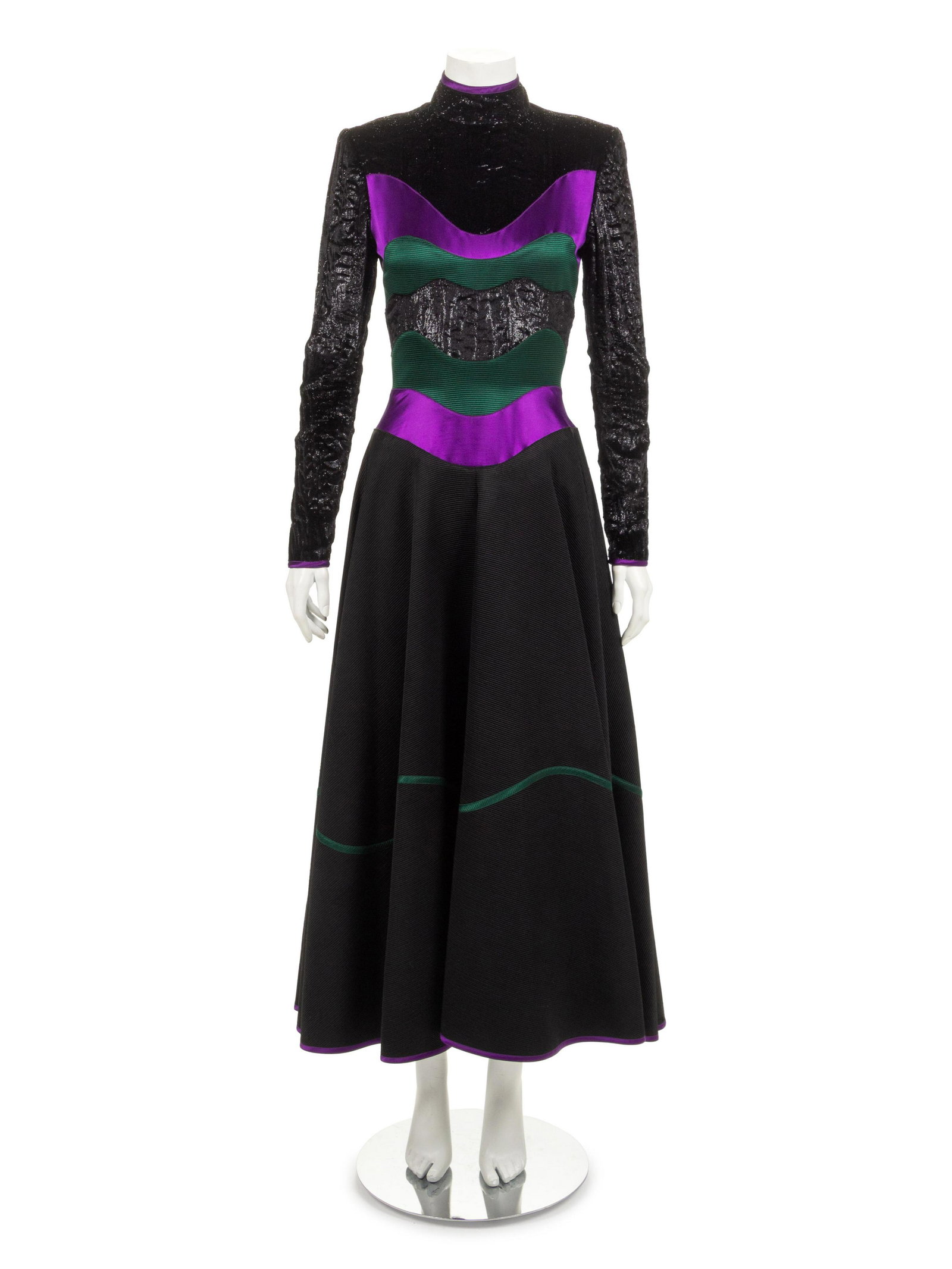 Geoffrey Beene Dress, 1970s: Geoffrey Beene Dress, 1970s Black silk faille and panne velvet evening dress with purple and green curve applique bands. Label: Geoffrey Beene Inventory No.: 181 Approximate Flat Measurements Acro