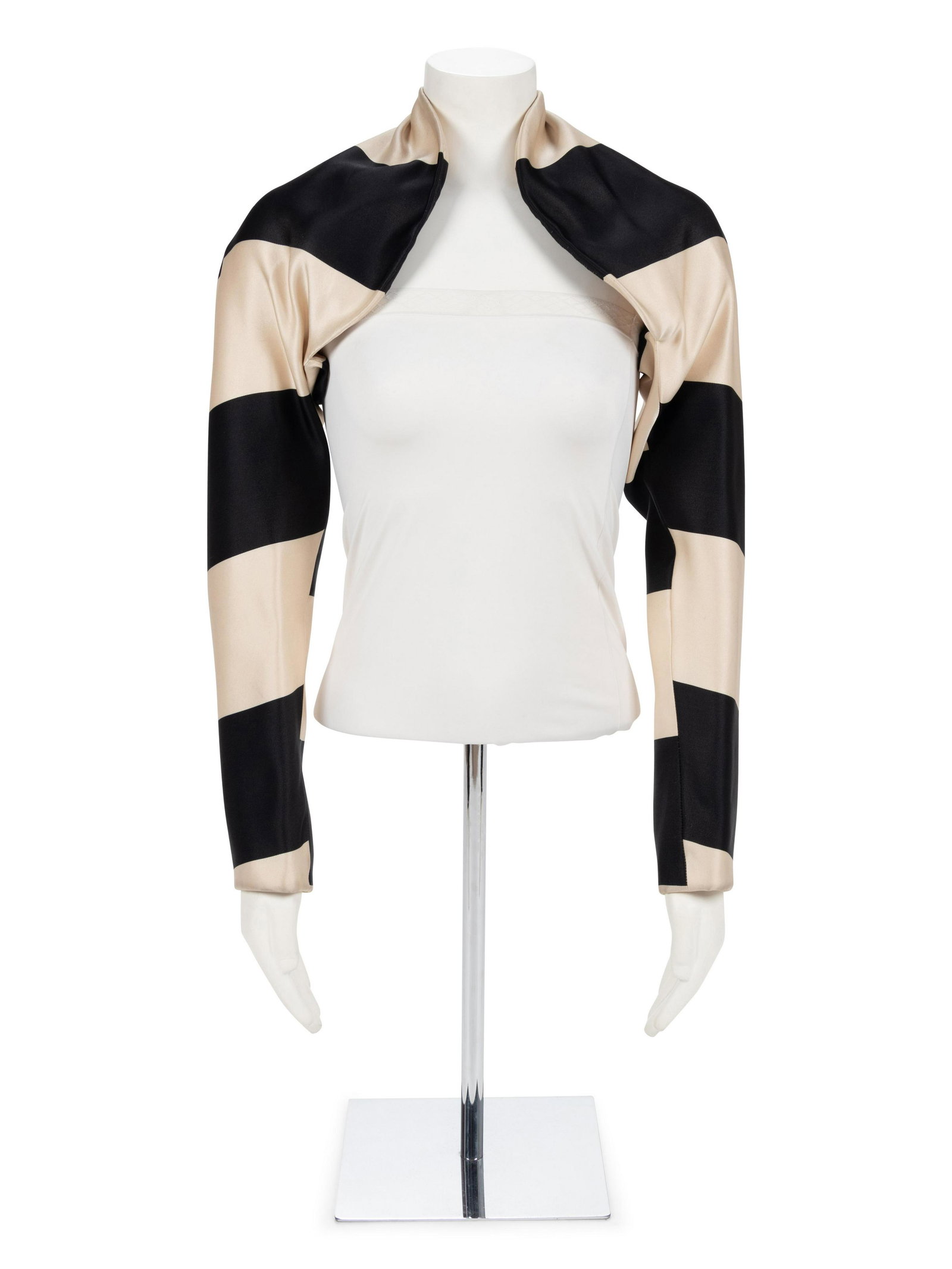 Geoffrey Beene Black and White Striped Bolero, 1990s: Geoffrey Beene Black and White Striped Bolero, 1990s This bolero features in the framed photograph by Andrew Eccles available in lot 114. Black and white striped satin bolero with large scalloped he