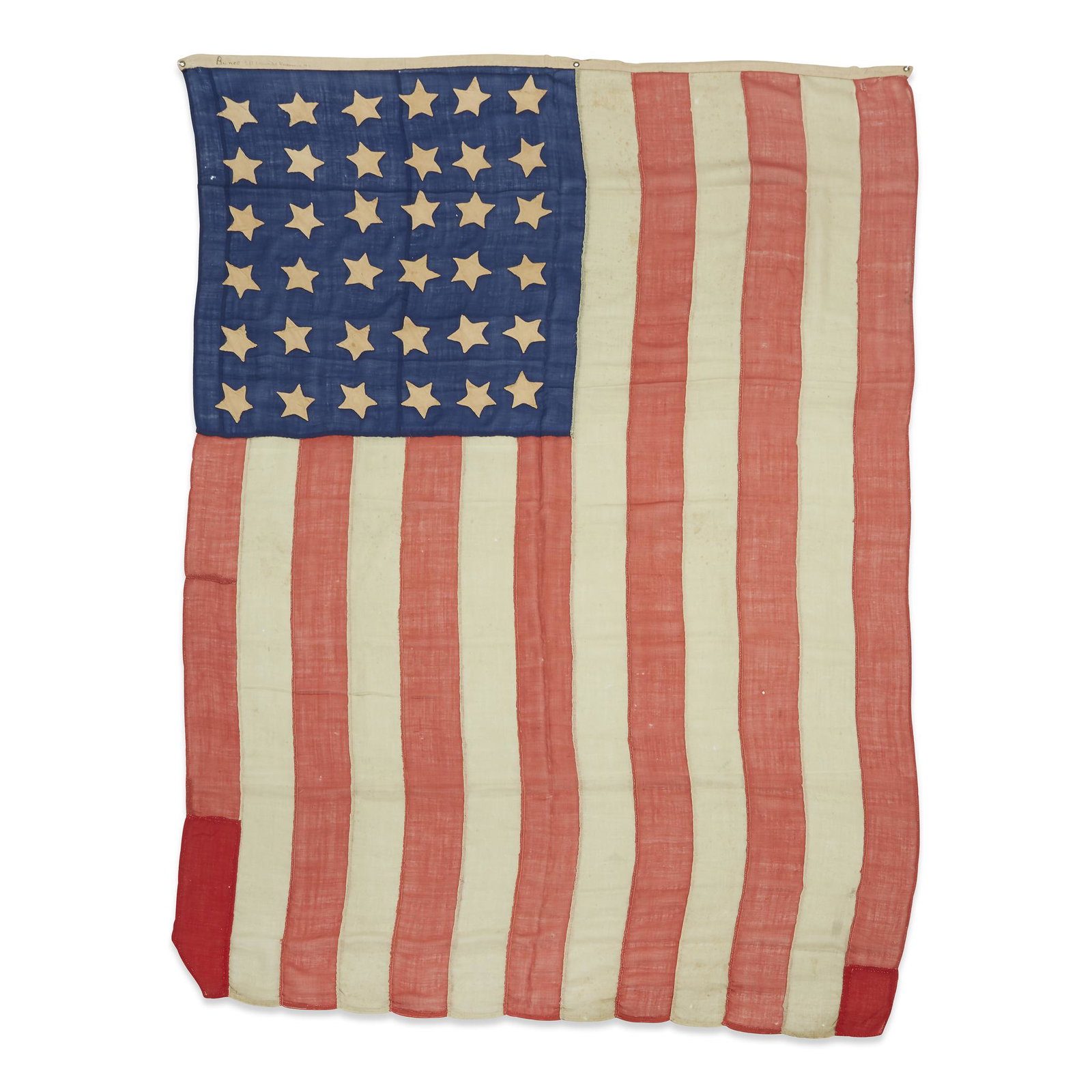 A 36-Star American Flag associated with the funeral: A 36-Star American Flag associated with the funeral procession of Abraham Lincoln (1809-1865) made by Mary Suffern Bunce (1816-1891), New York, NY, 1865 Hand-sewn, single appliqued cotton stars arrang
