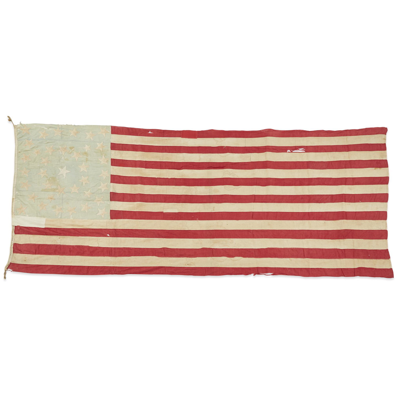 A 37-Star American Flag commemorating Nebraska: A 37-Star American Flag commemorating Nebraska statehood, 1868-1876 Hand-sewn, double appliqued cotton stars arranged in a double medallion enclosing a larger star, flanked by 4 corner stars on a wool