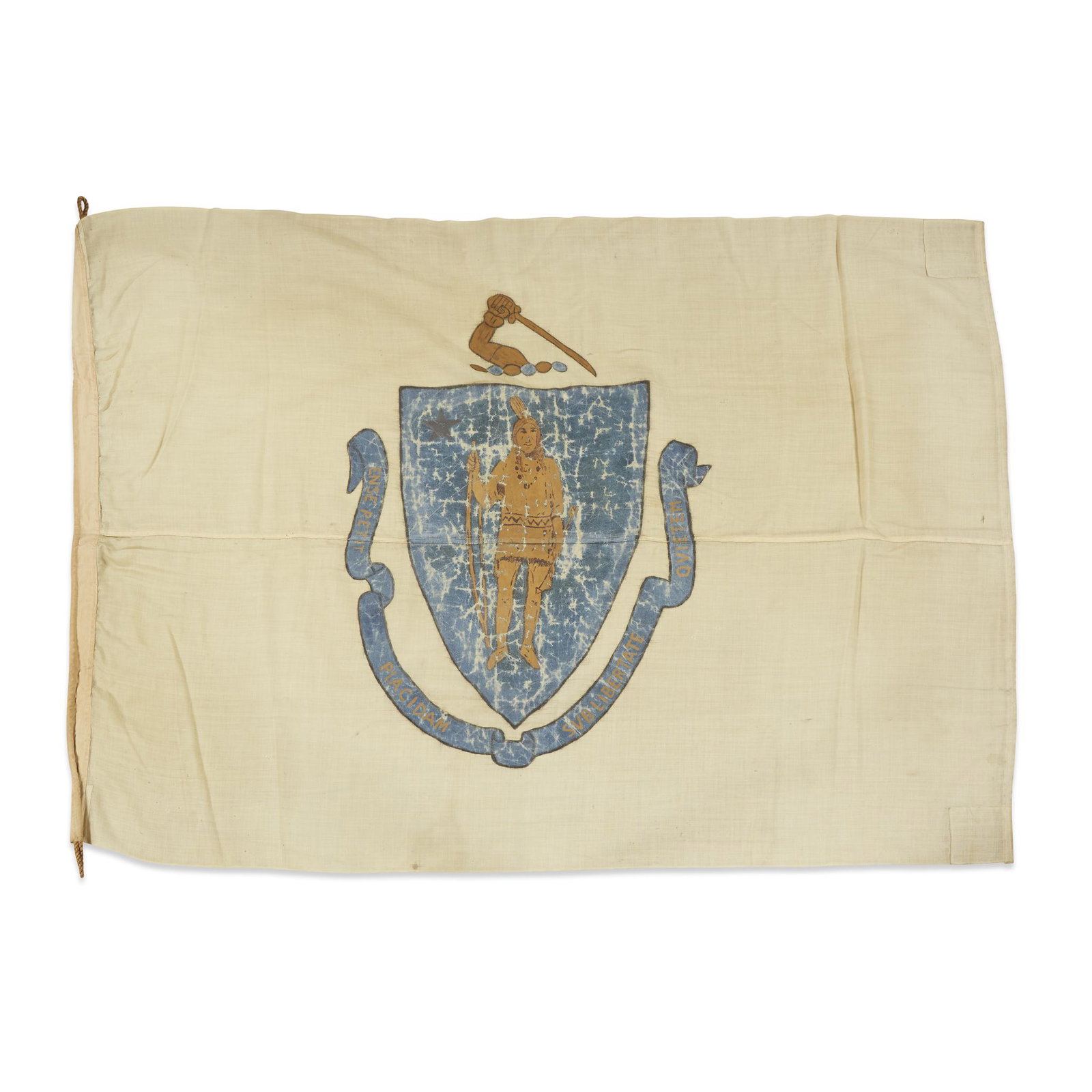 A Great Seal of the Commonwealth of Massachusetts Flag: A Great Seal of the Commonwealth of Massachusetts Flag, late 19th/early 20th century Painted on two-part, wool bunting field, canvas hoist retains hemp rope. 47 1/2 in. x 60 in.