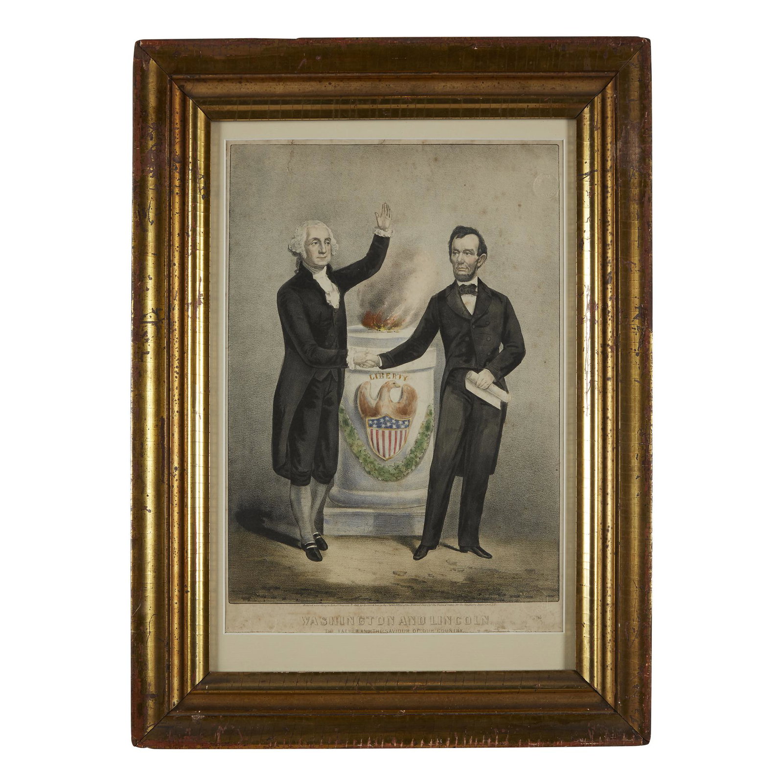 A Lithograph of Washington and Lincoln, Nathaniel: A Lithograph of Washington and LincolnNathaniel Currier and James Ives, New York, 1865 Hand-colored lithograph, "Washington And Lincoln-The Father And The Savior of our Country," published by Currier 