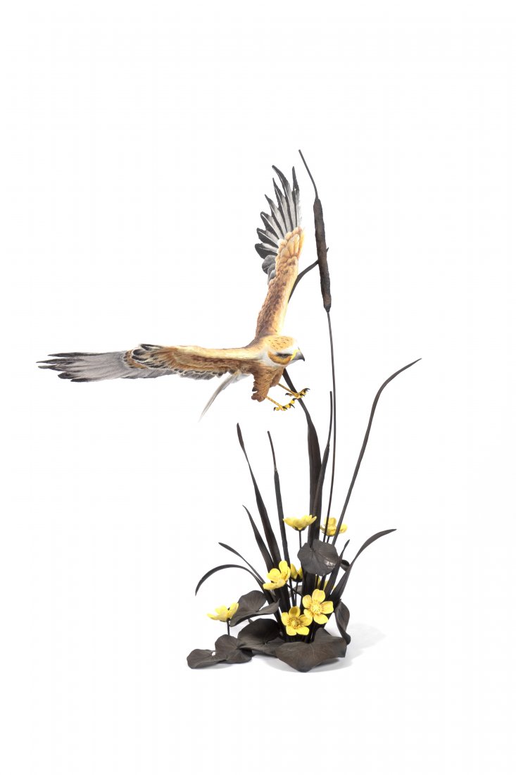 A Boehm Porcelain Marsh Harrier with Waterlillies: A Boehm Porcelain Marsh Harrier with Waterlillies 20TH CENTURY marked on base. Height 26 1/2 inches. Provenance: