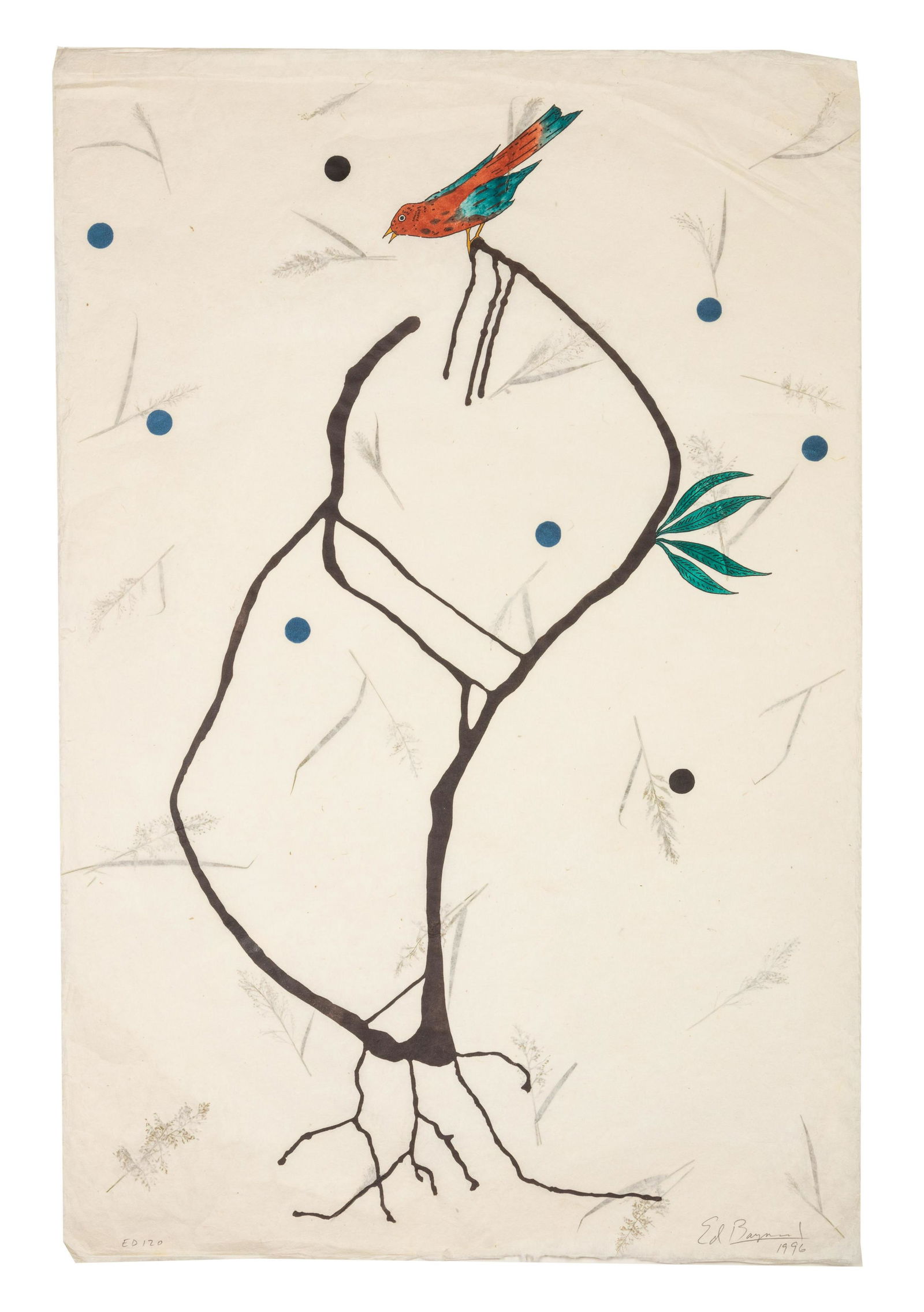 Ed Baynard (American, 1940-2016) The Little Birds Are: Ed Baynard (American, 1940-2016) The Little Birds Are the Leaves of Grass aquatint and watercolor on paper signed, dated and inscribed in pencil 36 x 24 inches. Provenance: