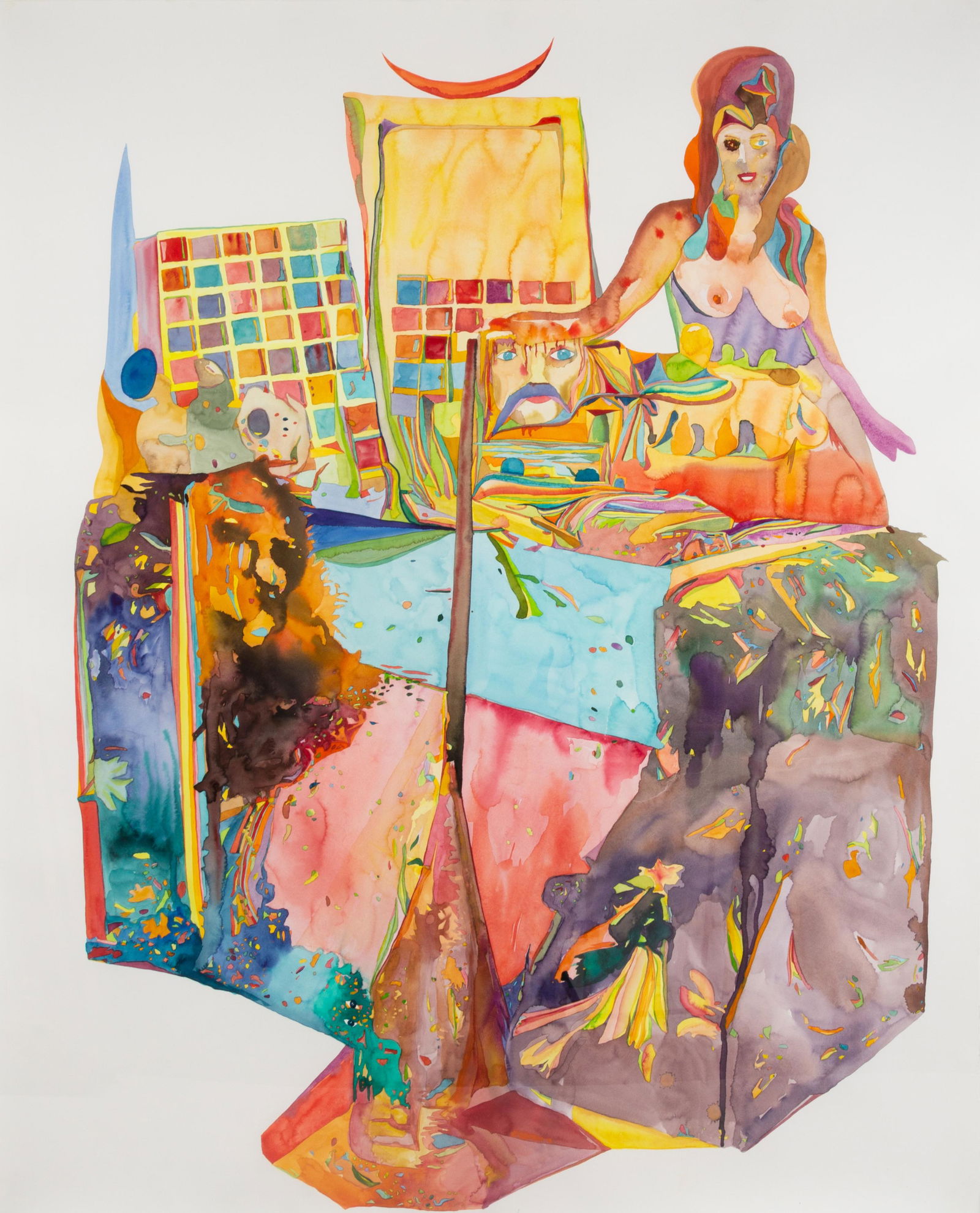 Santiago Cucullu (Argentine, b. 1969) Tatted Up Red: Santiago Cucullu (Argentine, b. 1969) Tatted Up Red Head Holding the Head of My Enemy at the Barricade Down the Street, 2008 watercolor on paper 66 1/2 height x 54 width inches Provenance: Provenance: