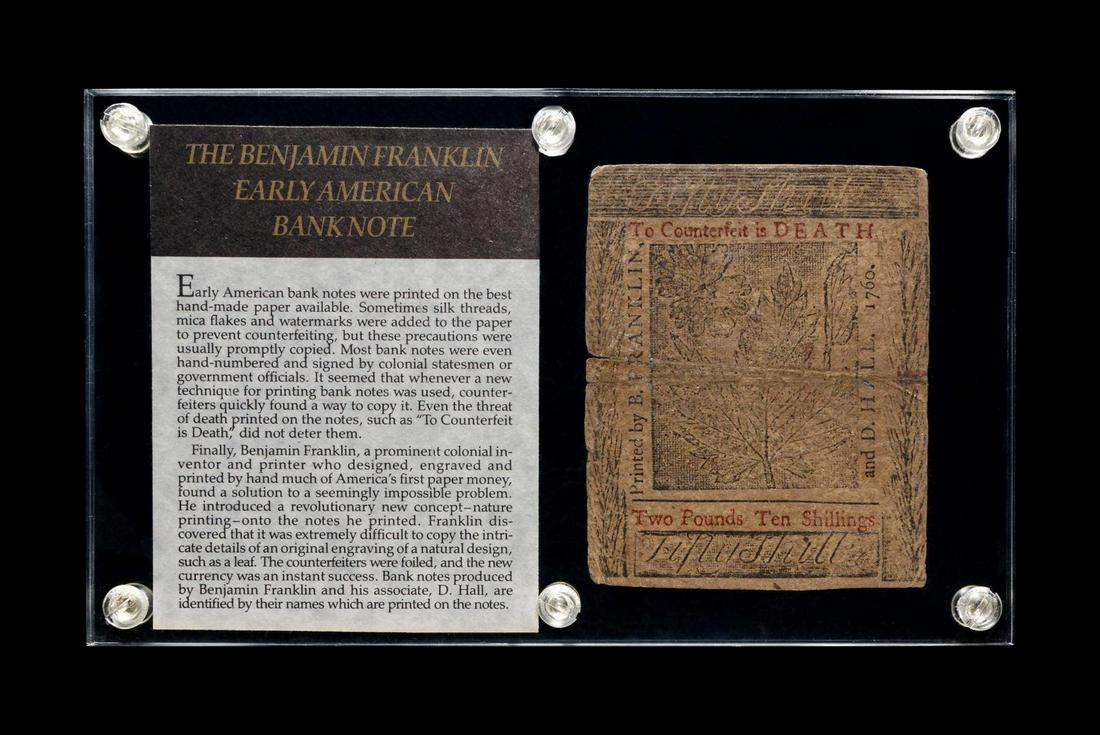 [PENNSYLVANIA COLONY]A Benjamin Franklin and David Hall: [PENNSYLVANIA COLONY]A Benjamin Franklin and David Hall Printed 5/1/1760 50s Note set in a lucite frame with a certificate of authenticity. Provenance: