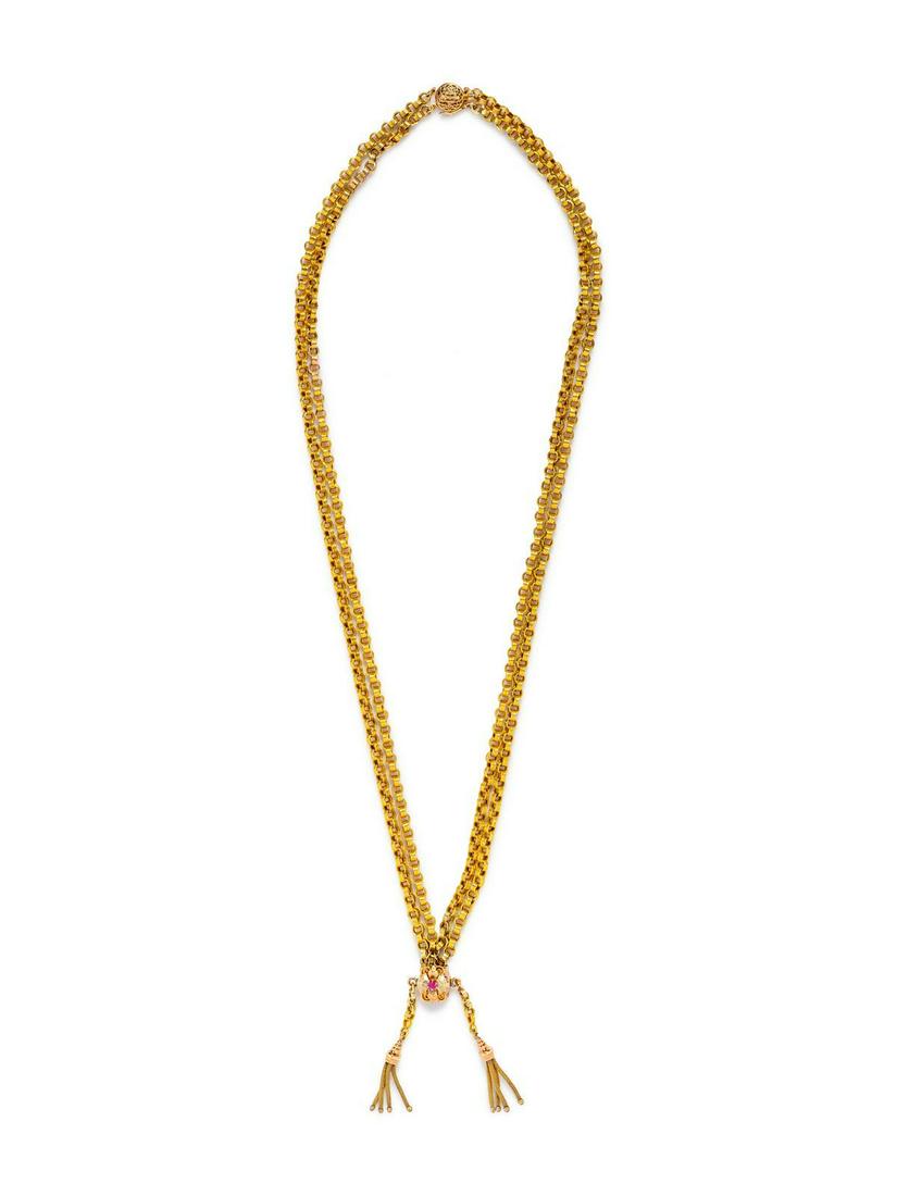 A Victorian Bicolor Gold and Pink Sapphire Longchain: A Victorian Bicolor Gold and Pink Sapphire Longchain Necklace, consisting of a double strand fancy link necklace with slide pendant containing one round mixed cut pink sapphire and chain tassels. C