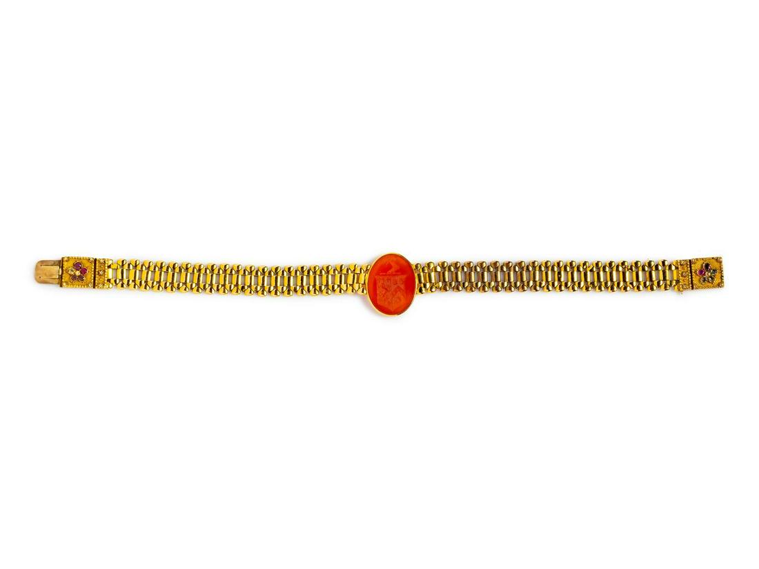 A Yellow Gold, Carnelian Intaglio and Gemstone Choker,: A Yellow Gold, Carnelian Intaglio and Gemstone Choker, consisting of a link necklace measuring approximately 15.65 mm wide, with central oval shape carnelian intaglio, the clasp containing 10 round an