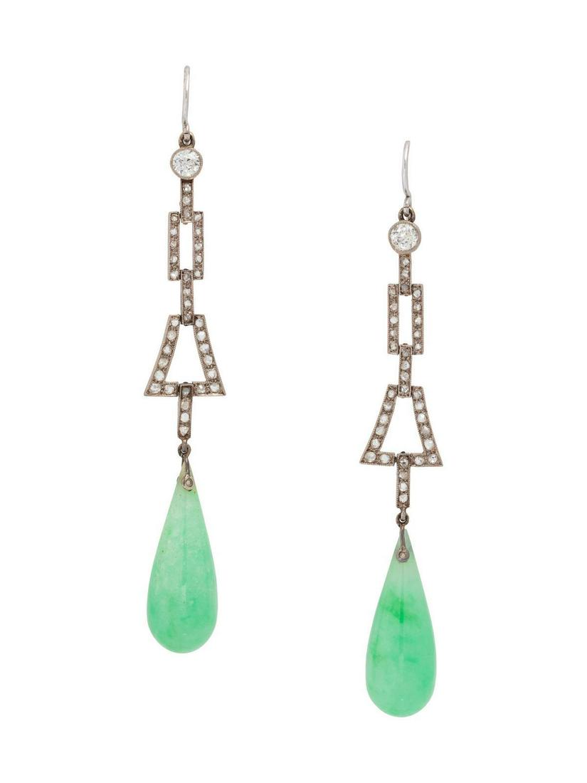 A Pair of Art Deco White Gold, Diamond and Jadeite: A Pair of Art Deco White Gold, Diamond and Jadeite Earrings, containing two old European cut diamonds weighing approximately 0.20 carat total, numerous mixed cut diamonds, with pear shape jadeite dr