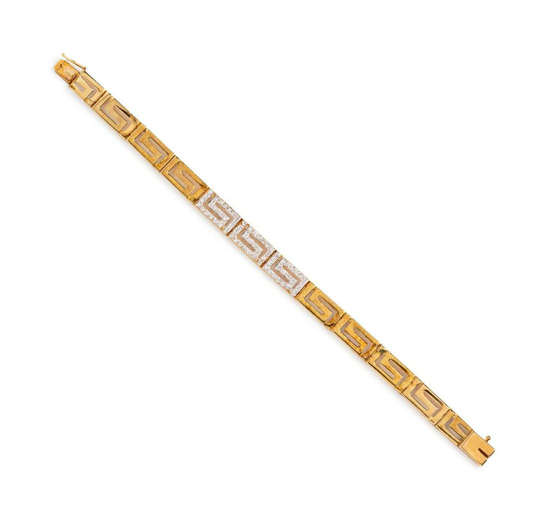 A 14 Karat Yellow Gold and Diamond Bracelet,: A 14 Karat Yellow Gold and Diamond Bracelet, consisting of Greek key links, three links containing 66 round brilliant cut diamonds weighing approximately 1.30 carats total. Stamp: 14K PAT. 4697315. 8.